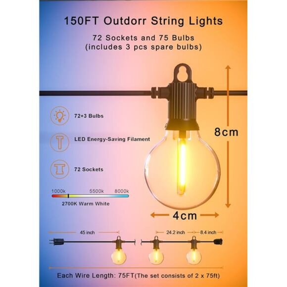 Outdoor String Lights, 150FT Patio Lights with 75 Shatterproof G40 Globe Bulb - Picture 5 of 7